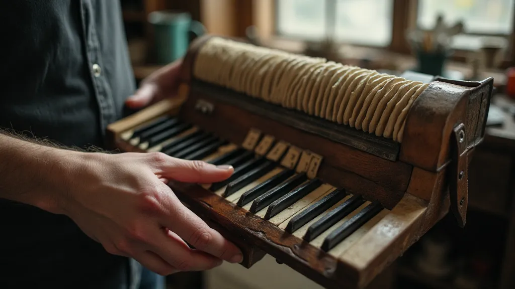 Weathered hands holding a vintage accordion