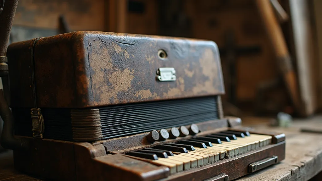 Antique accordion on a workbench