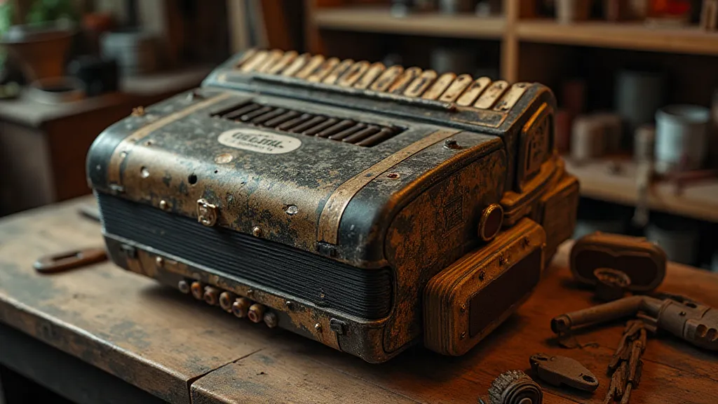 Vintage accordion on a workbench
