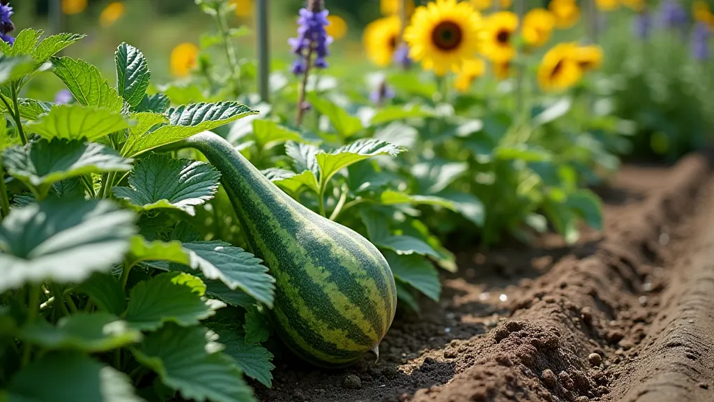 Watermelon plants growing with companion flowers