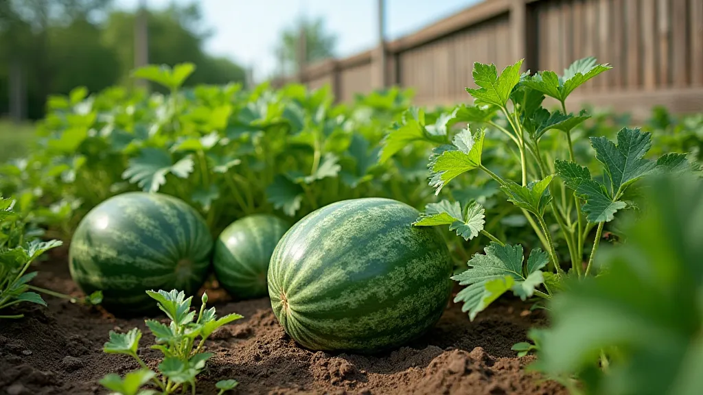 A sprawling watermelon vine with ripening watermelons